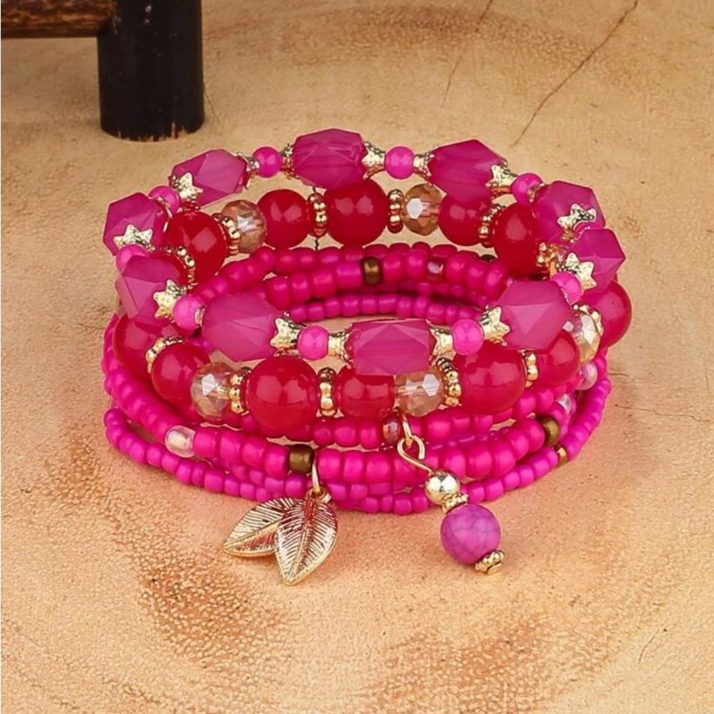 New hot pink beaded bracelet set - Picture 2 of 4